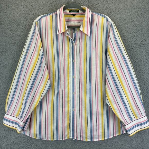 Ralph Lauren Linen Top 2X Lagenlook Beachy Preppy Natural Stripe Boxy Roomy LRL - Picture 1 of 13